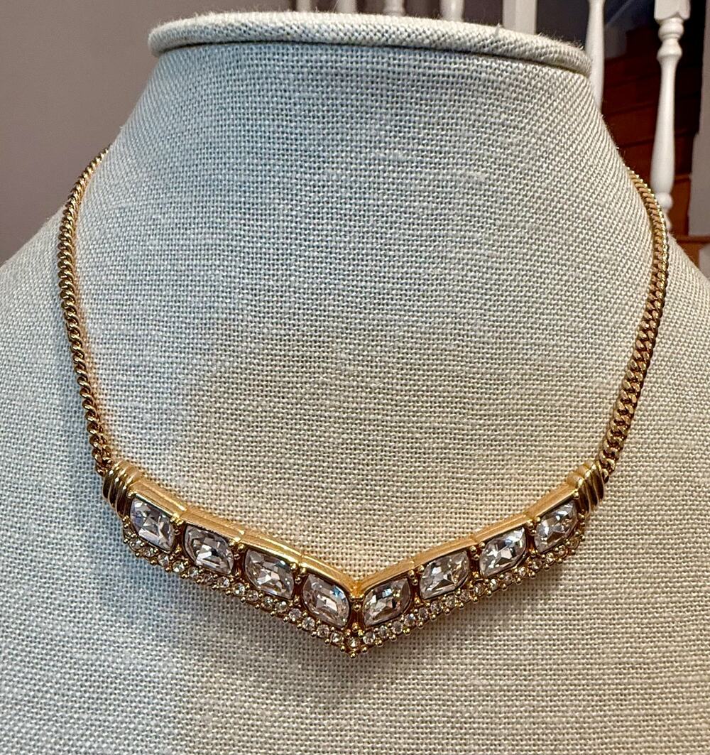 Vintage Swarovski Gold Tone Crystal V Necklace 14”